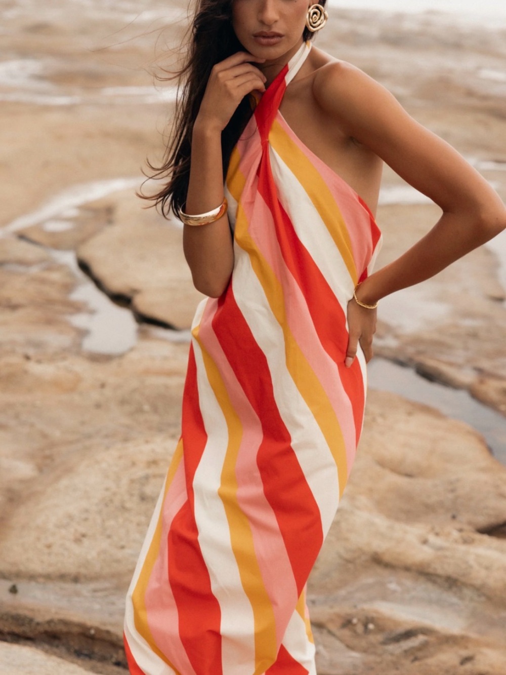 Runaway Striped Halter Maxi Dress in Coral, Pink & Yellow size small